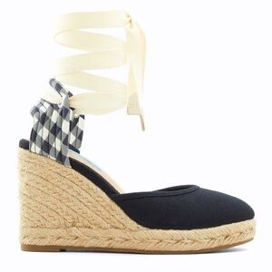 Draper James Olivia Gingham Canvas Espadrille Wedges NIB NEW Black White Sz 10